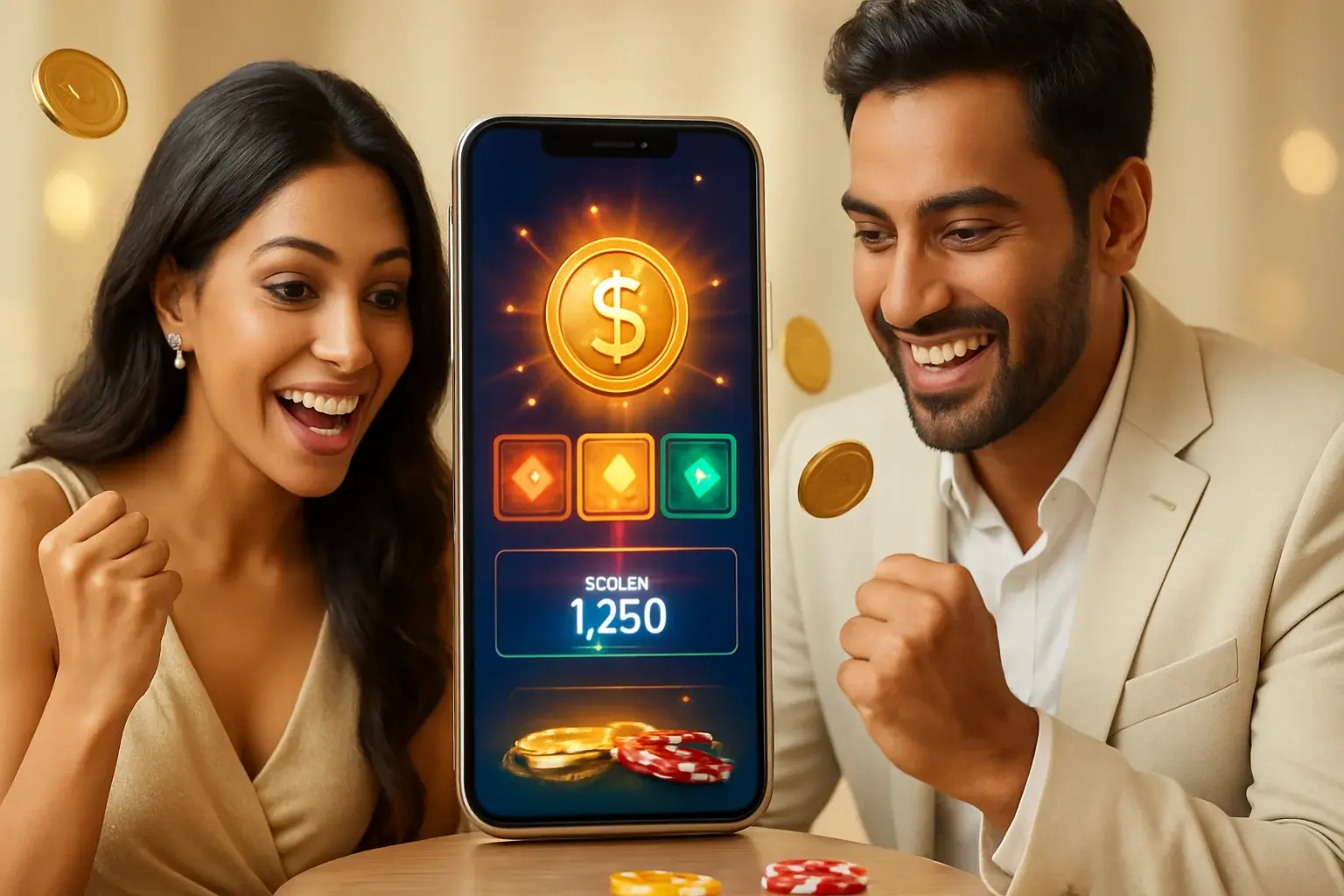 Ultra-realistic smartphone displaying casino app with happy couple and floating gold coins