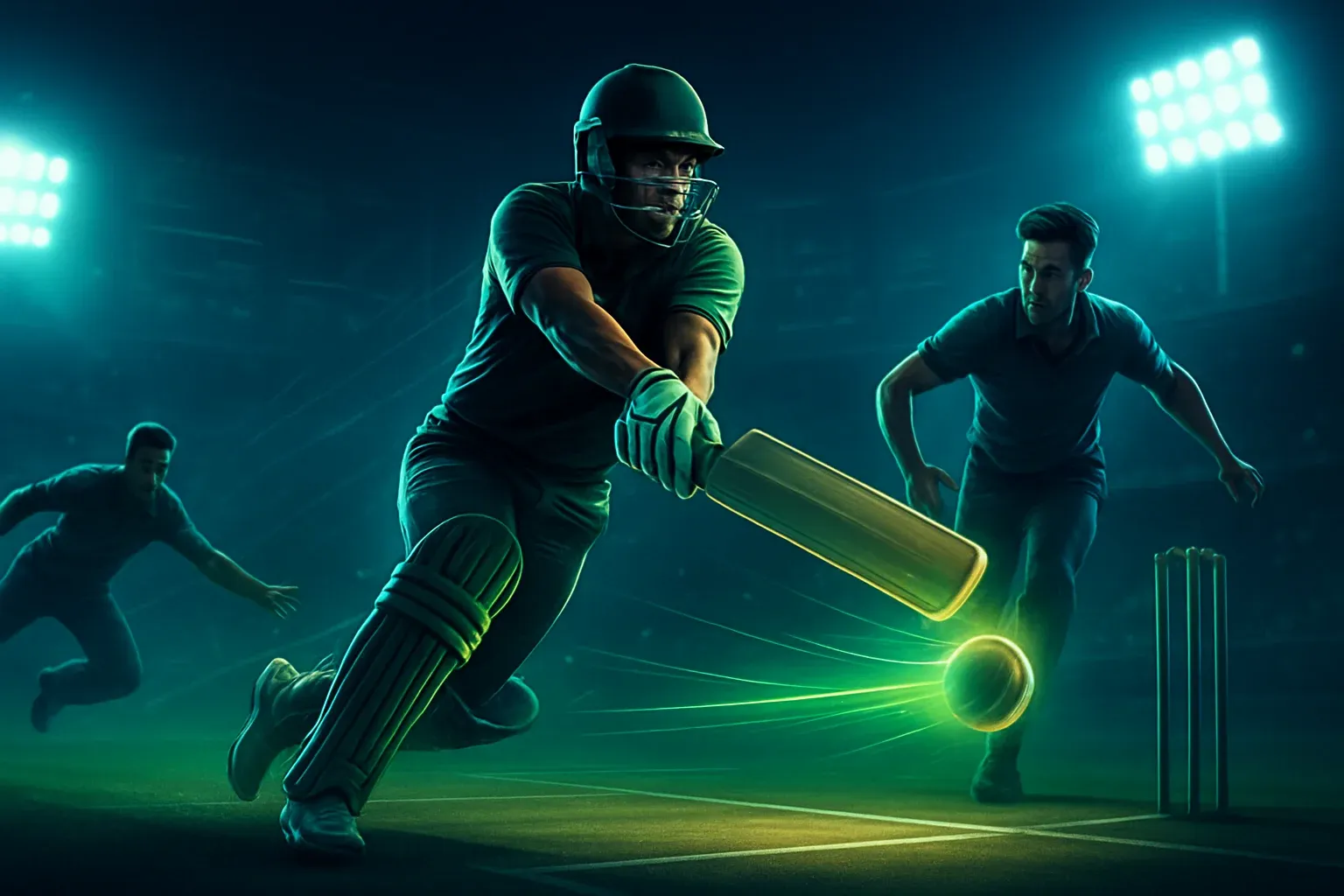 High-energy digital illustration of cricket players in action with glowing ball and betting graphics