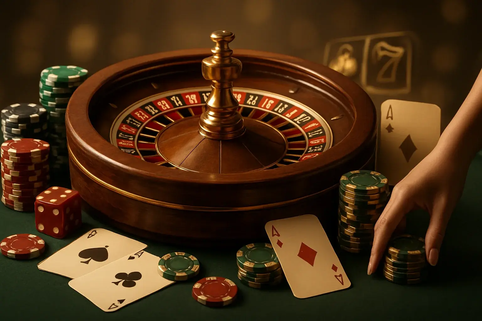 Hyper-realistic collage of luxury roulette wheel, poker chips, cards, and dice with cinematic lighting
