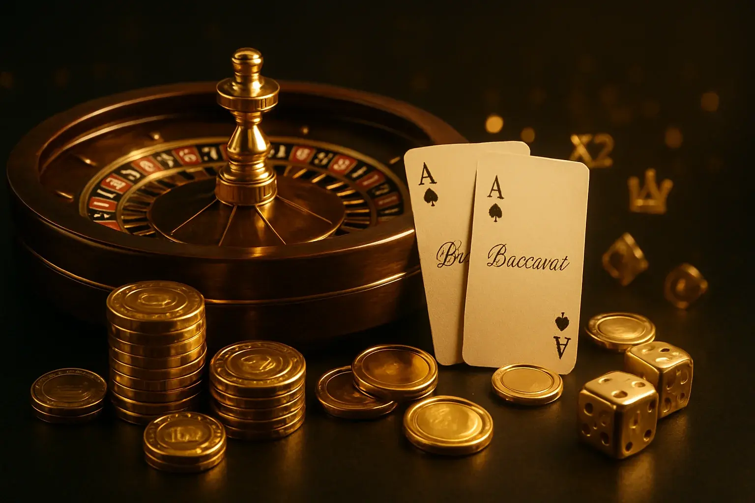 Hyper-realistic luxury gold casino games collage with roulette, cards, chips, and coins