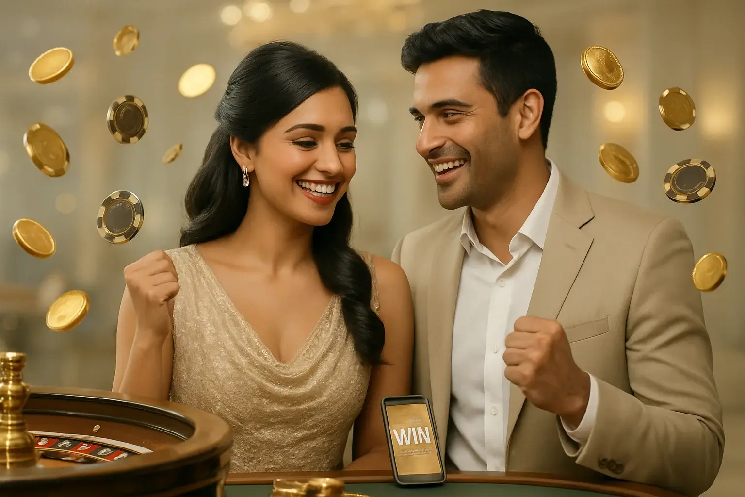 Happy Bangladeshi couple celebrating casino win with gold coins and roulette