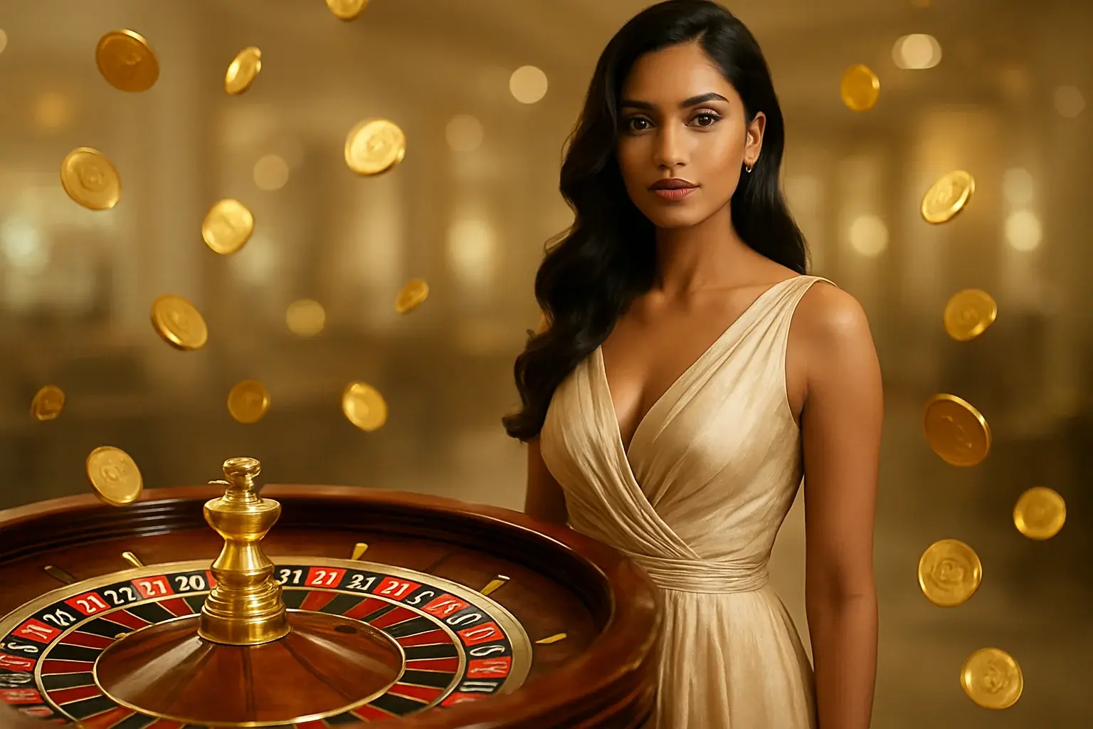 Beautiful Bangladeshi woman in elegant evening dress with luxury roulette and gold coins in bright casino setting