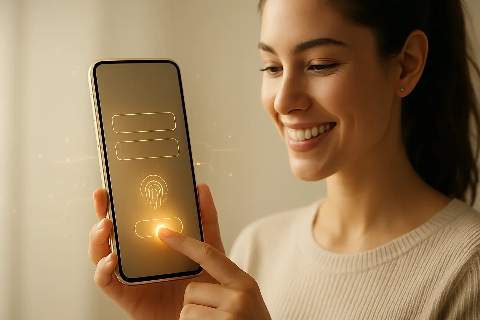 Ultra-realistic premium smartphone with bright login interface and golden luxury accents