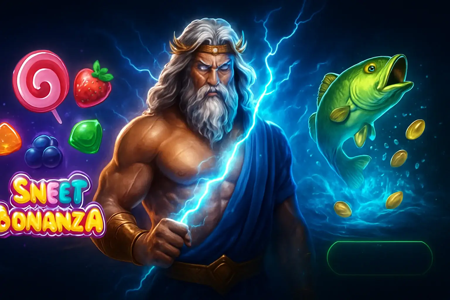 High-quality digital collage of Gates of Olympus, Sweet Bonanza, and Big Bass Bonanza slot themes with glowing effects and dark cinematic background